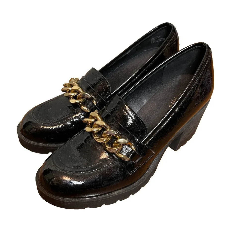 Limelight Women 7.5M Y2K Chunky Dark Academia Platform Loafers Gold Accent Heels